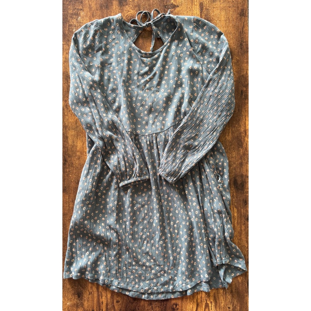 American Eagle Floral Crinkle Gauze Mini Dress Blue Long Sleeve Keyhole Back S